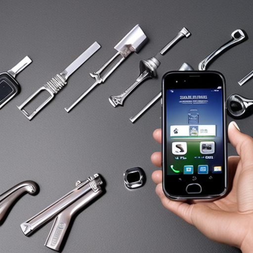-up of hands manipulating a smartphone, with a background of a range of faucet selections