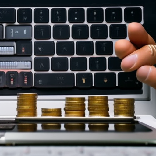 N tapping their fingers on a laptop keyboard, with a stack of money and coins growing beneath them