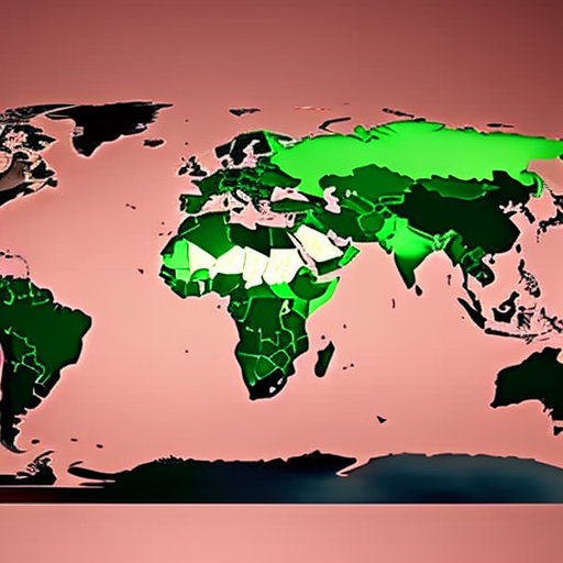 E of a handheld device with a glowing, 3-Dimensional map of the world, showing rising and falling income levels in different regions