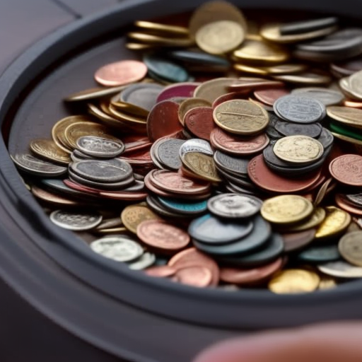 -up of a hand holding a handful of bright, colorful coins, with a few spilling out onto the table
