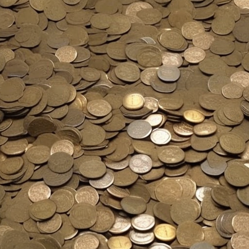 N contentedly filling a jar with coins of different shapes, sizes, and colors, from a seemingly never-ending stream