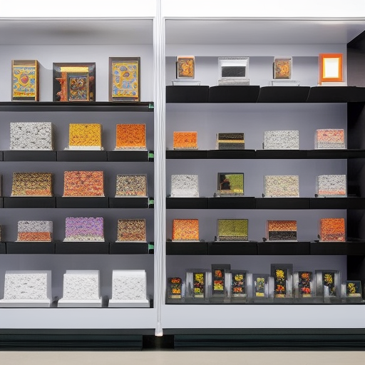 Y colored, 3D-rendered NFTs of various shapes, sizes, and materials, arranged in a collector's display case