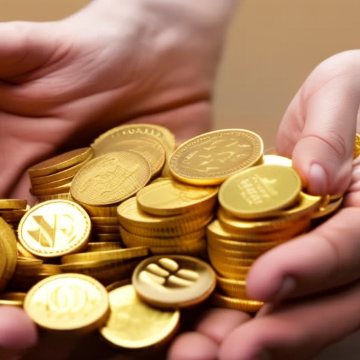 -up of a person's hands manipulating a stack of gold coins, with a few crypto coins scattered among them