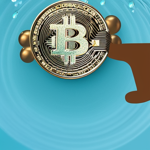 Ful, abstract illustration of a hand holding a cryptocurrency coin, dripping a stream of digital coins into a teal-colored pool