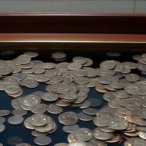 Faucet with overflowing water, dripping down into a pool of coins