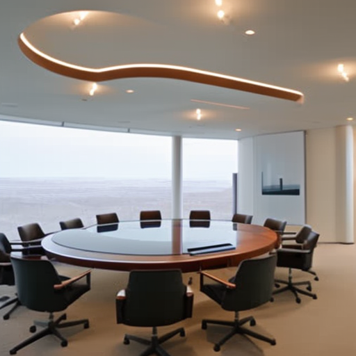 Y room with a large, round modern table with a robotic arm and a computer monitor on it, surrounded by several chairs