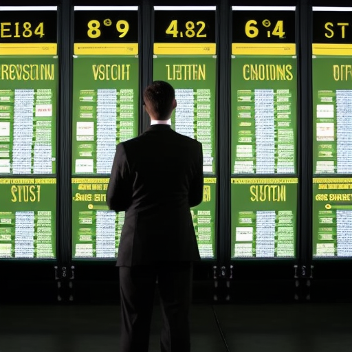 Ze a person in a suit, energetically pressing a row of buttons on a machine with a green lightbulb above it, a wall of screens displaying graphs, and a pile of gold coins