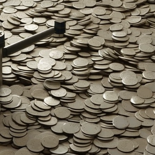 Stration of a hand, quickly grabbing a shower of coins from a digital faucet