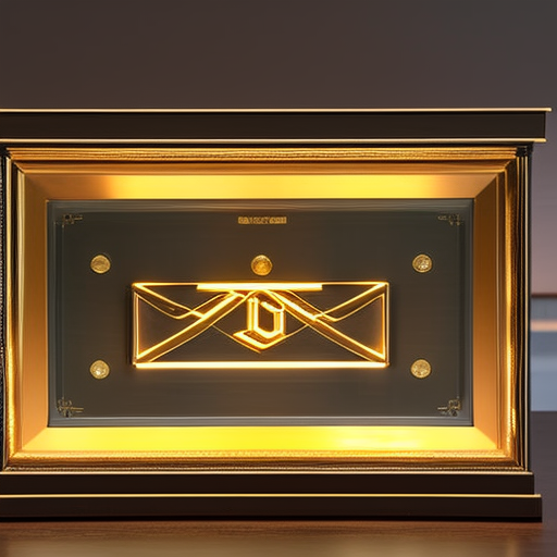 -up of a unique, rare NFT item illuminated in a spotlight, with a gold plated frame and a dark, mysterious background