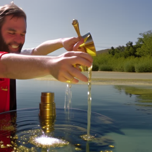 T, golden tap pouring coins into a bubbling fountain, with a satisfied customer reaching in to collect them