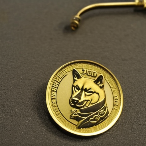 -up of a gold-colored coin with a Shiba Inu imprint and a dripping tap in the background