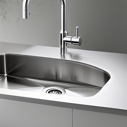 -up of a glossy, stainless steel kitchen sink with a modern, single-handle faucet, highlighting the sleek lines and simple design