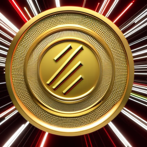 -up of a golden litecoin coin surrounded by a halo of shining sparks, with a red and green 3D bar graph below displaying a steady, upward trend