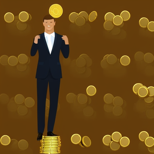 Stration of a person in a business suit confidently smiling and holding a stack of golden Dogecoin coins in their hands