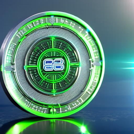 T, glowing, blue and green spinning crypto coin with a solar panel in the background