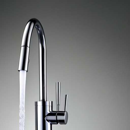 -up of a metal kitchen faucet with a single glinting drop of water suspended just above the spout