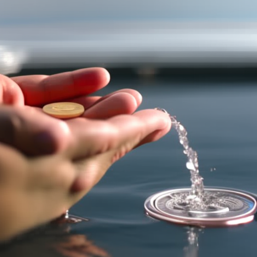 N's hand pressing a button, with a ripple of water and coins flowing outward