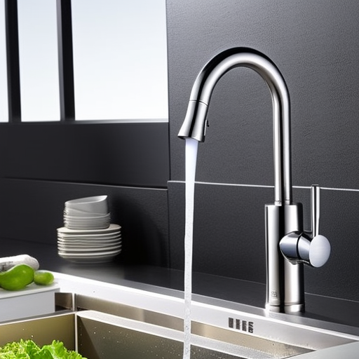 N kitchen sink faucet with a drip of water pouring out of the spout, representing instant access to water