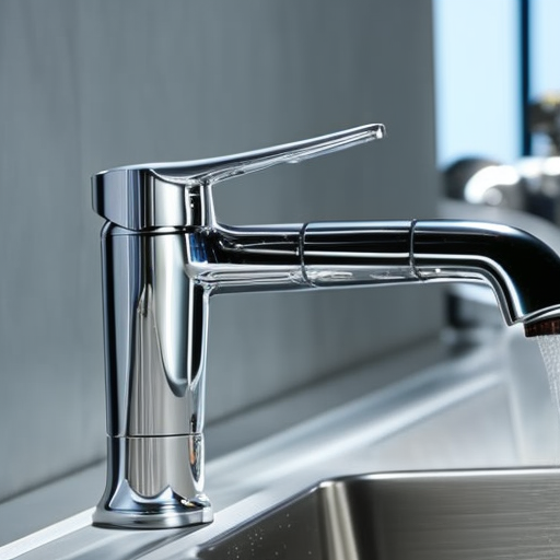 -up of a shiny, silver faucet with a keypad lock and a safety feature in the background