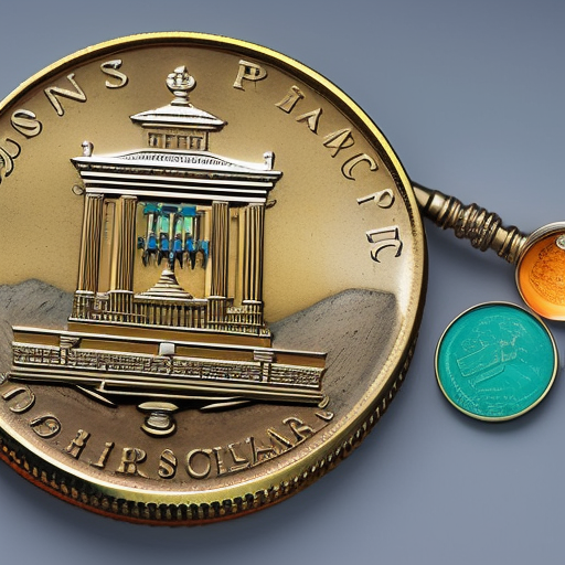 Ful image of a growing stack of coins with a magnifying glass hovering over it, highlighting different coins and their symbols