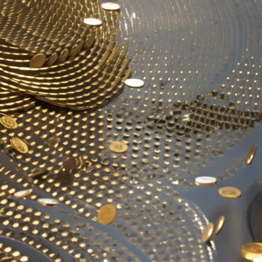 E of a person holding a handful of Ripple coins surrounded by a flurry of Ripple coins being shot out from a money fountain