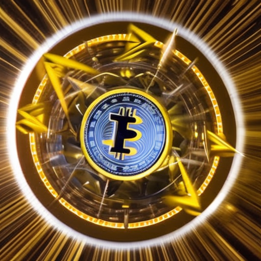 N spinning a wheel with arrows pointing to various crypto currencies, surrounded by a yellow and white burst of energy