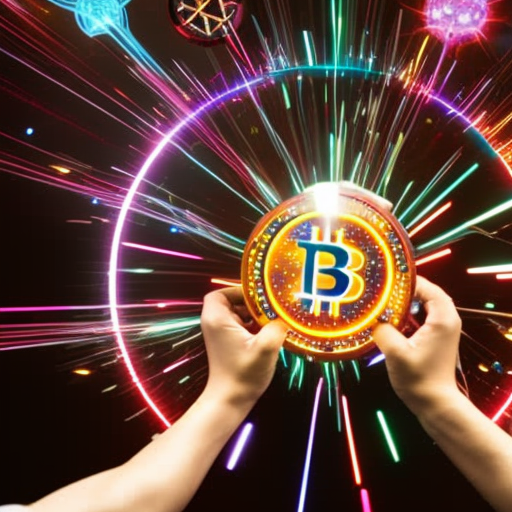 -up of a person's hands spinning a wheel with crypto symbols, surrounded by vibrant colors and sparks of electricity