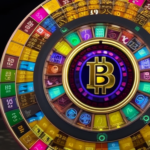 Nt wheel of fortune, filled with colorful Bitcoin symbols, spinning rapidly against a backdrop of crypto coins