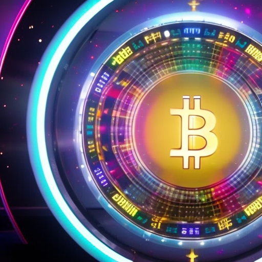 Ic, colorful wheel of fortune with cryptocurrency symbols spinning around it, surrounded by riveting light beams