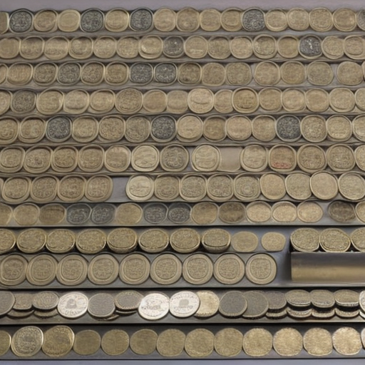 of coins/bills arranged in a pyramid, with coins cascading down from the peak