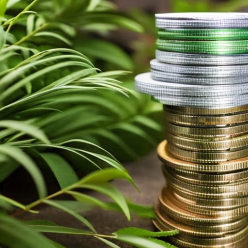 of crypto coins overflowing from a transparent jar, surrounded by lush greenery