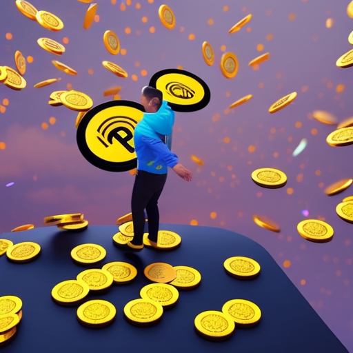 A person joyfully tapping an electronic device to collect a Binance Coin reward, surrounded by a flurry of colorful coins in mid-air