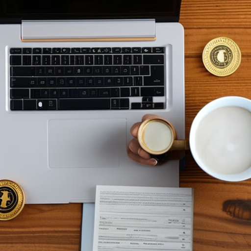Re of a person sitting in front of a laptop, with a stack of crypto coins and a cup of coffee, quickly tapping away at the keyboard