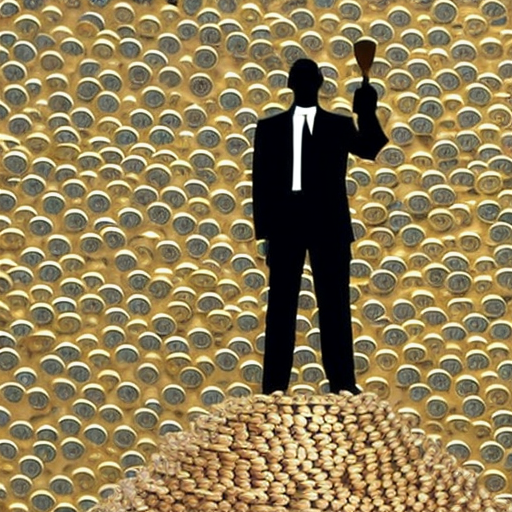 Stration of a person in a business suit, standing atop a mountain of coins, reaching for a golden faucet in the sky