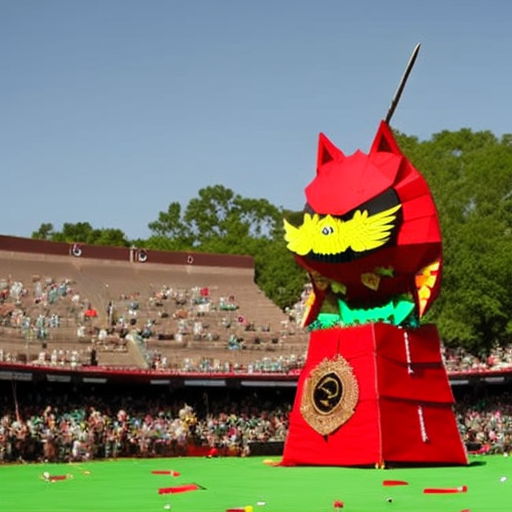 Oin-filled piñata with a bow and arrow aimed and ready to burst, surrounded by a colorful, celebratory crowd