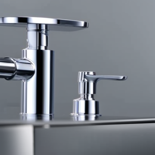 -up of a three-way faucet's metal valve handle, rotated to show the different settings