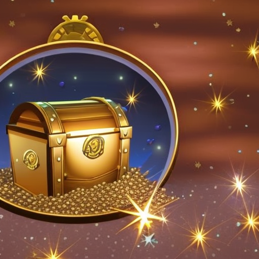 A cartoon-style treasure chest overflowing with litecoin coins, surrounded by a halo of sparkles