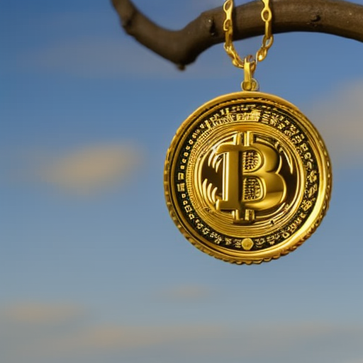 On dogecoin coin, with a gold chain around its neck, being held up by two hands with a halo of trust above