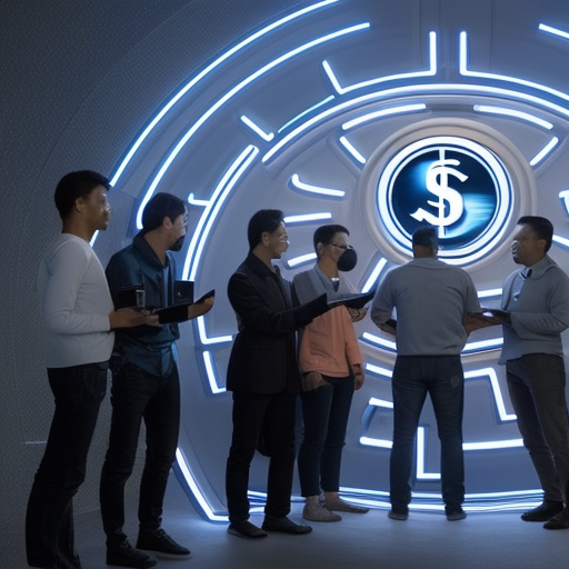 Stration of a small group of people gathered around a glowing Litecoin symbol, some of them engaged in conversation and others smiling with a sense of trust