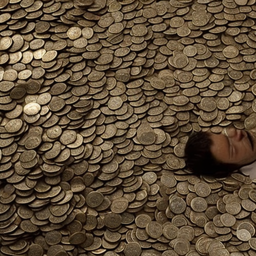 A person in a bathtub filled with coins, overflowing with a cascade of coins onto the floor