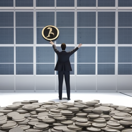 N in a business suit, standing in a room with a Litecoin symbol on the wall, hand outstretched with a pile of coins in their palm