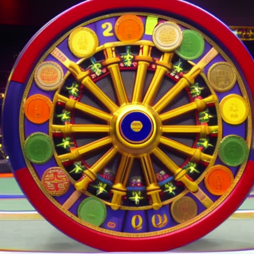 D spinning of a wheel of fortune, colorful coins flying, a hand on the lever, anticipation of a big win