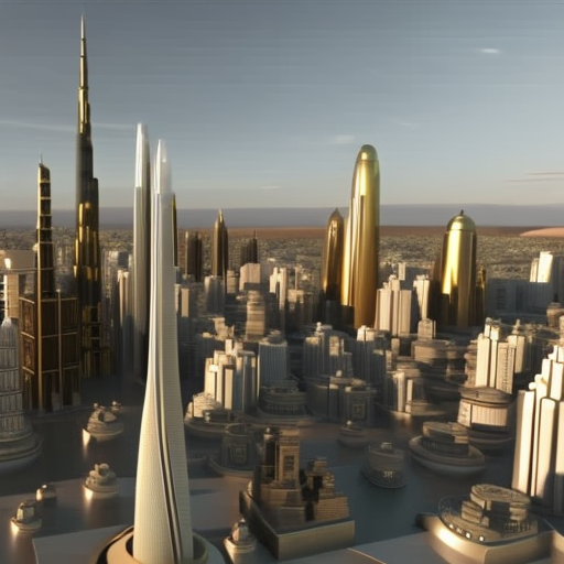 Ndering of a golden-hued futuristic city skyline, with a fountain of unique tokens pouring from the sky
