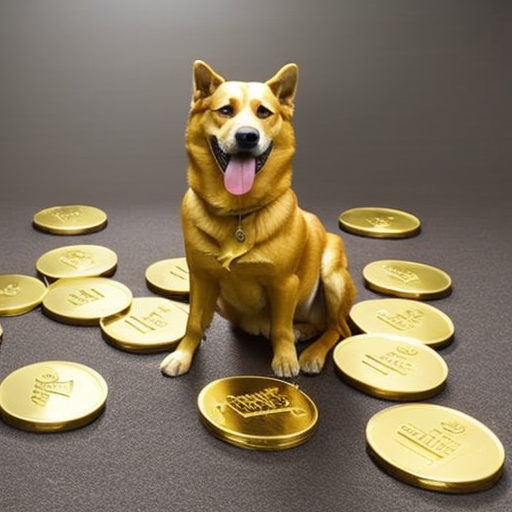 Ing, golden dog statue surrounded by a flurry of Dogecoin coins, each with a checkmark on its surface