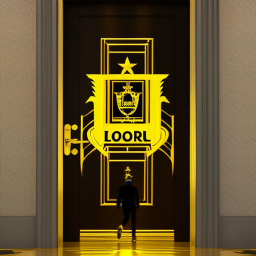 Uette of a person walking through a door adorned with a golden VIP crest and a glowing NFT badge
