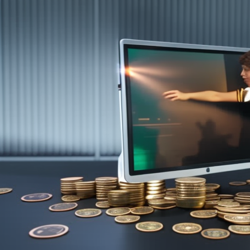 N looking at a computer screen with a pile of coins to the side, a hand reaching out from the pile to the cursor on the screen