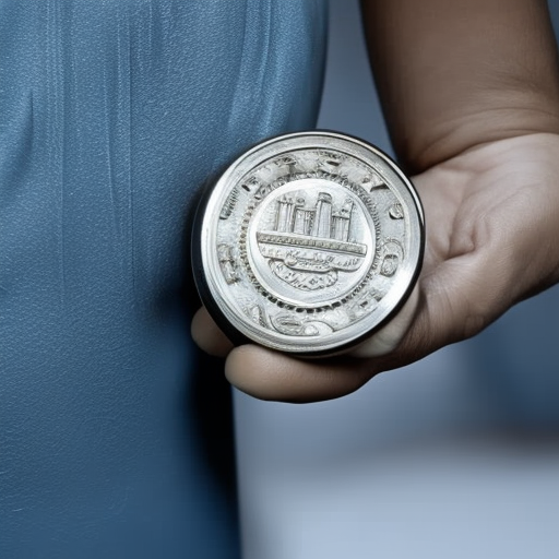 N's hand holding a coin with details of a faucet flowing out of it