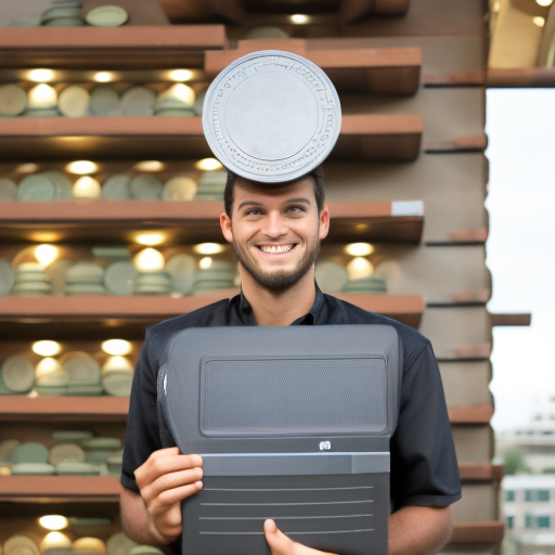 E of a person with a stack of coins in one hand and a laptop in the other, with a look of satisfaction on their face