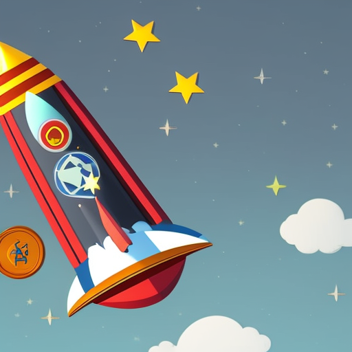 Ful illustration of a cartoon rocket ship soaring over a landscape of Xrp coins and rewards, with a trail of speedy, stars in the background