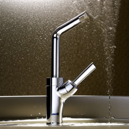 E, overflowing faucet, with multiple streams of water cascading in all directions